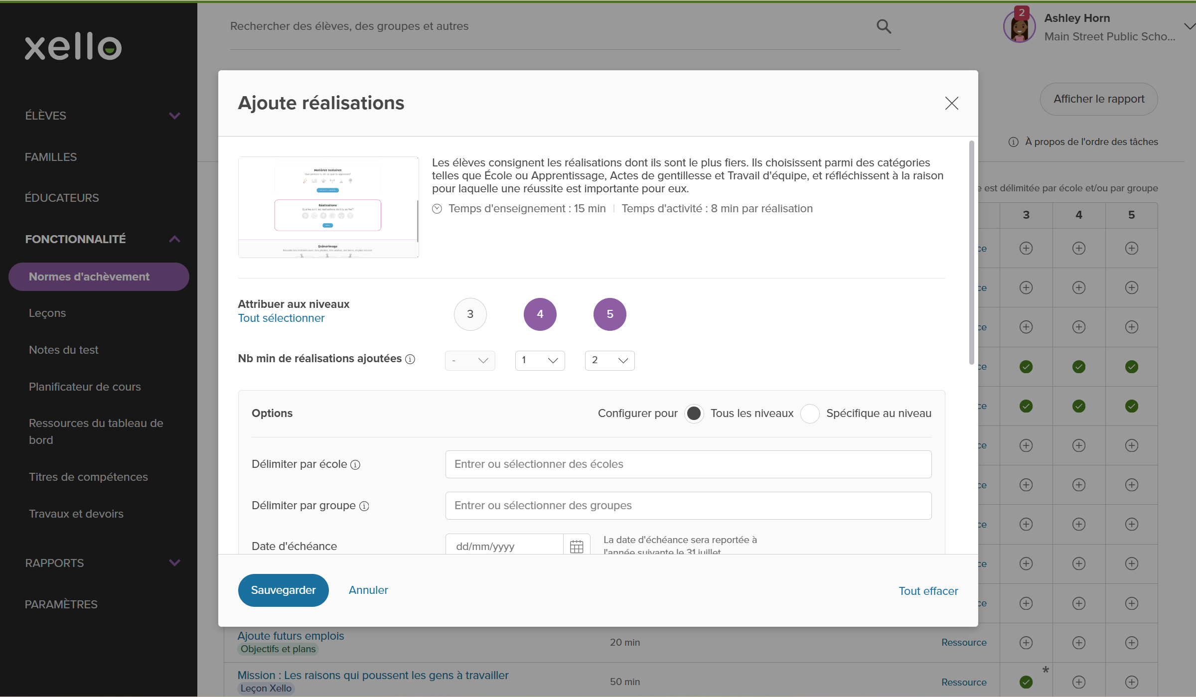 Éducateur sur la page Normes d’achèvement. La fenêtre modale Ajouter des succès pour Xello 3-5 est ouverte et est en cours de configuration pour les élèves de 4e et 5e année